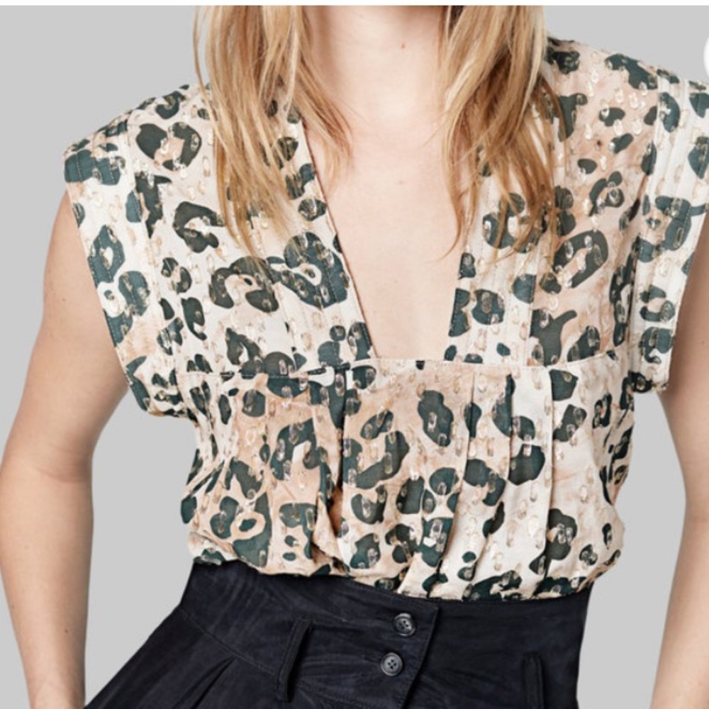 Smythe Animal Print Smock Top Gold Metallic Blouse V- Neck